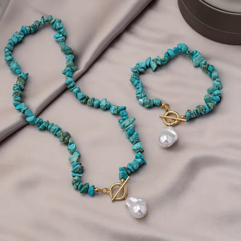 Conjunto Elegante de Joyería de Piedra Natural y Perlas