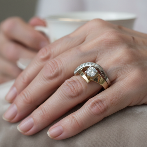 Anillo Irregular Vintage en Oro y Plata con Zirconia