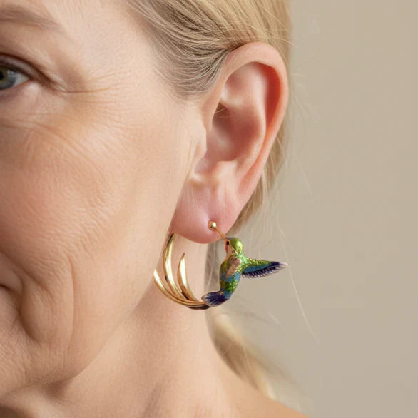 Pendientes de Aro Vintage con Colibrí en Esmalte