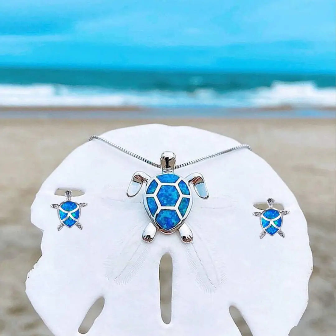 Collar y Conjunto de Aretes de Tortuga Marina en Ópalo y Plata