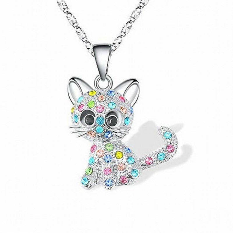 Collar de Plata con Gatitos y Zirconias Coloridas