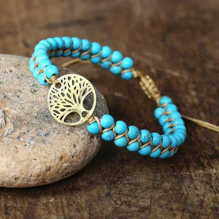 Pulsera del Árbol de la Vida Hecha a Mano en Piedra Turquesa
