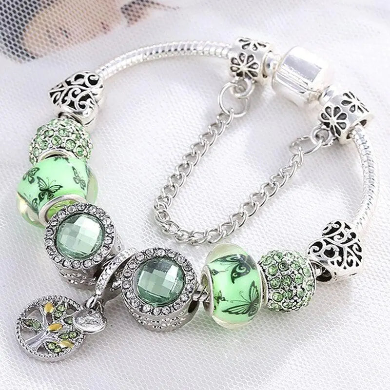 Pulsera de Cristal Plateada y Verde