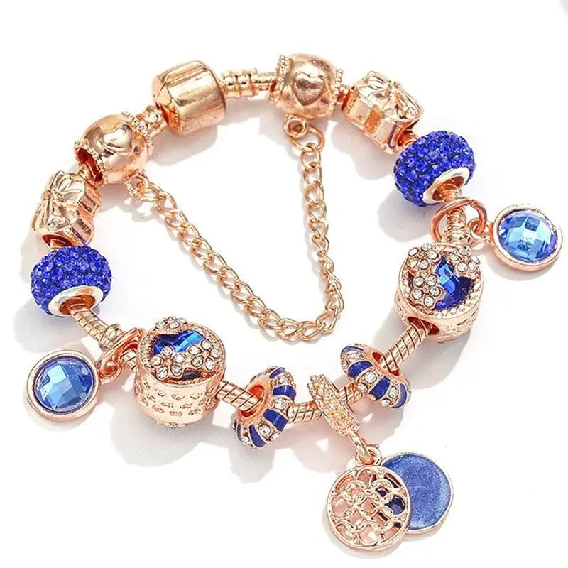 Pulsera de Cristal Azul y Oro Rosa
