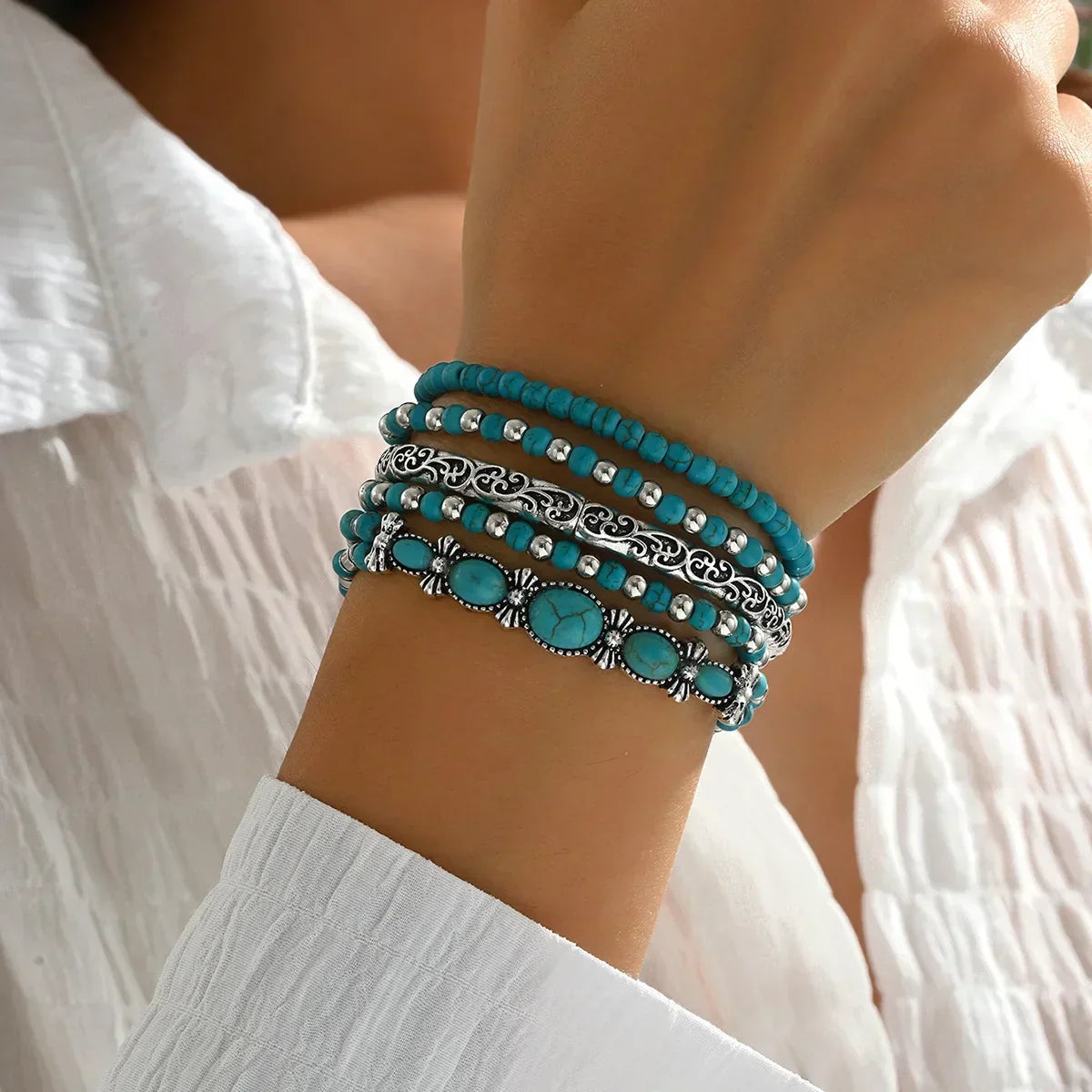 Conjunto de Pulseras Boho con Cuentas de Turquesa
