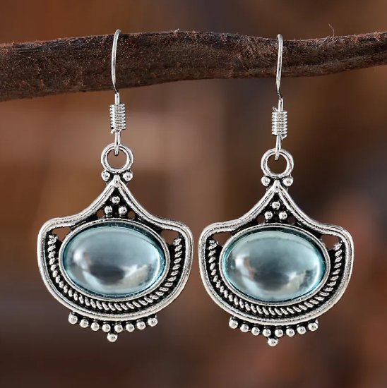Conjunto de Collar y Pendientes Vintage con Gemas Ovaladas Azules