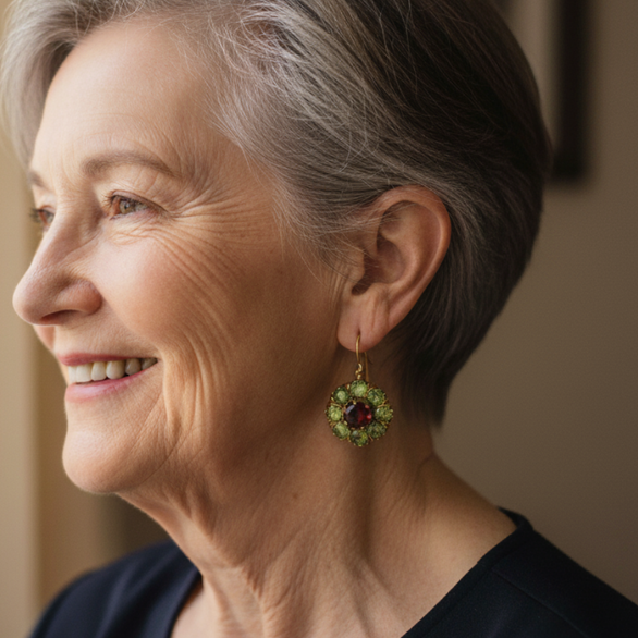 Pendientes Redondos Vintage con Cristales Verdes y Rojos