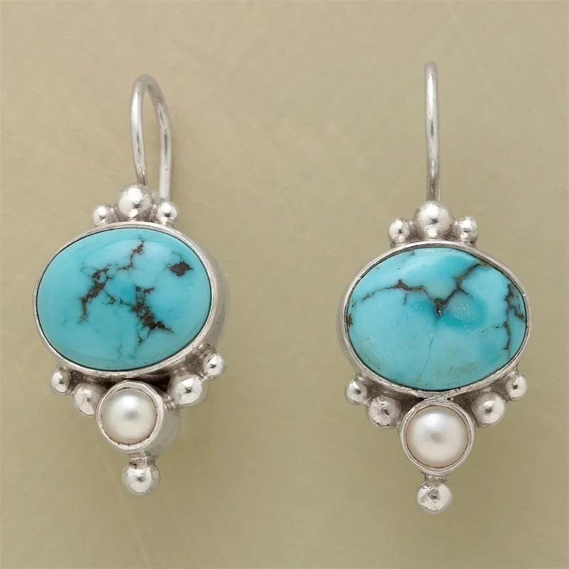 Pendientes Vintage con Piedra Azul y Perlas