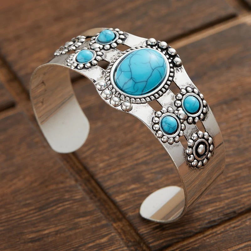 Brazalete Abierto Vintage Ajustable en Plata y Turquesa
