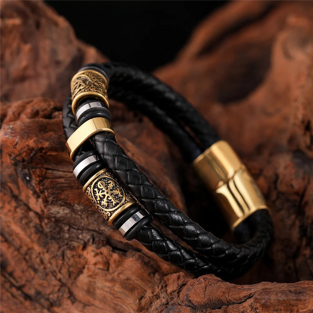 Pulsera de Cuero Trenzado Negra con Colgante de Oro