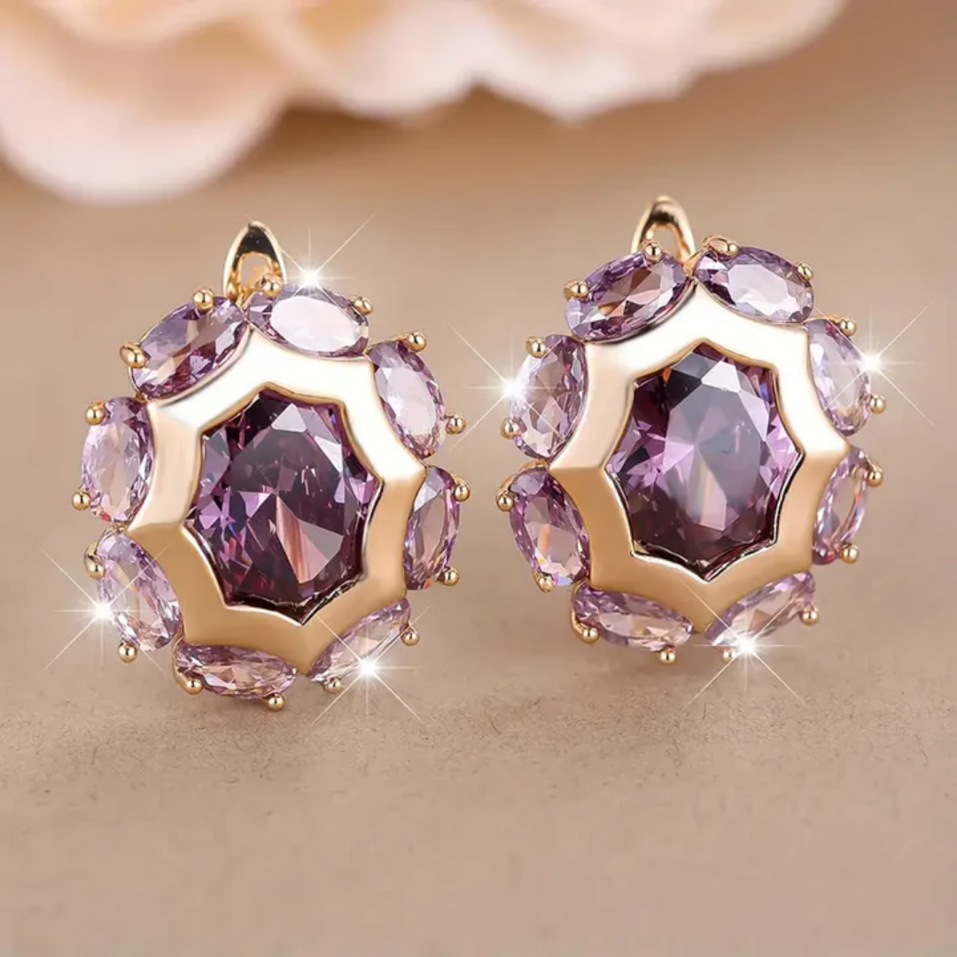 Pendientes de Oro Redondos con Zirconia Violeta