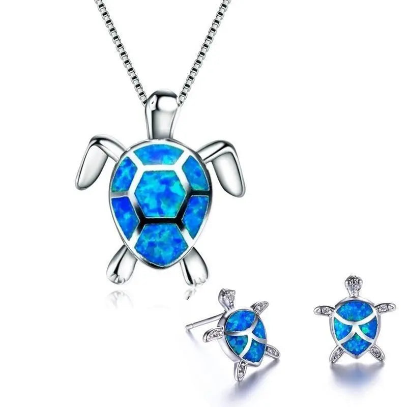Collar y Juego de Aretes de Tortuga Marina en Ópalo y Plata