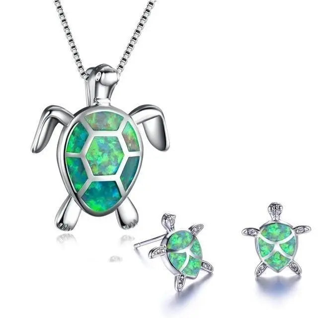 Collar y Juego de Aretes de Tortuga Marina en Ópalo y Plata