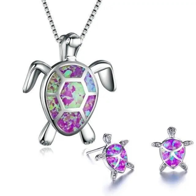 Collar y Juego de Aretes de Tortuga Marina en Ópalo y Plata