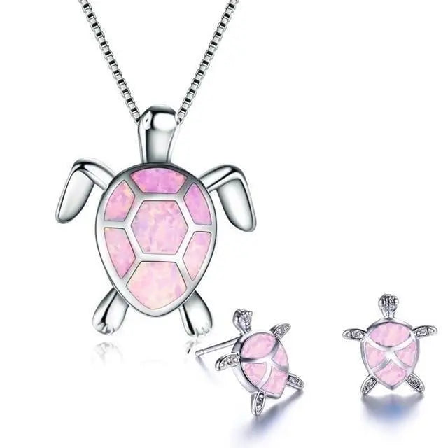 Collar y Juego de Aretes de Tortuga Marina en Ópalo y Plata