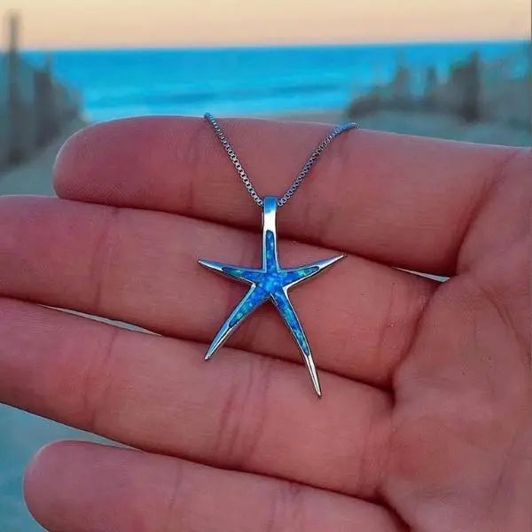 Collar de Estrella de Mar en Ópalo Azul y Plateado