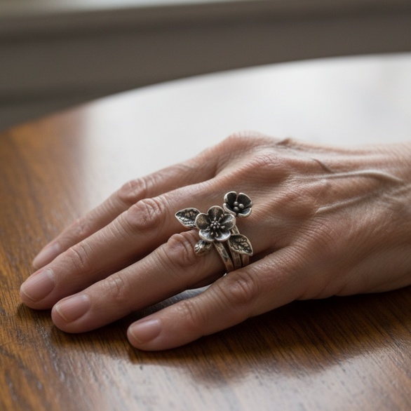 Anillo Vintage en Capas con Flor en Plata