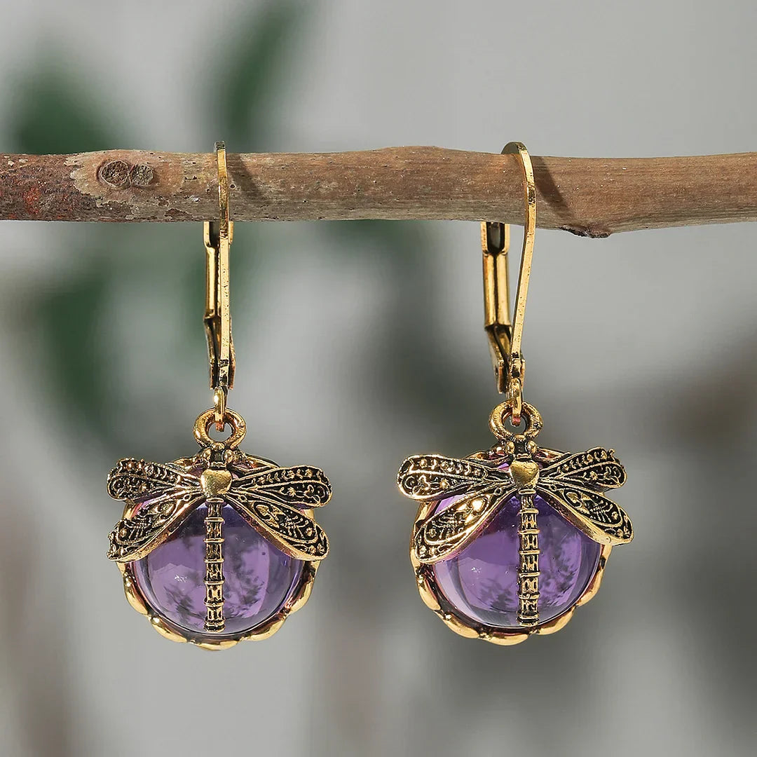 Pendientes de Esfera de Libélula de Plata Antigua
