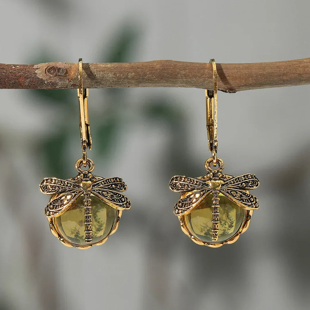 Pendientes de Esfera de Libélula de Plata Antigua