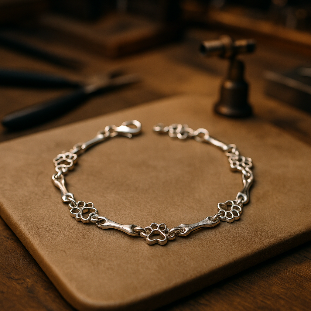 Pulsera con Charms de Huella de Perro y Hueso en Plata Pura, Edición Limitada
