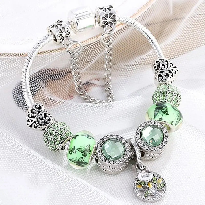 Pulsera de Cristal Plateada y Verde