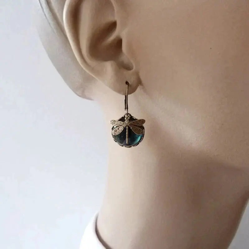 Pendientes Esfera Libélula en Oro Antiguo