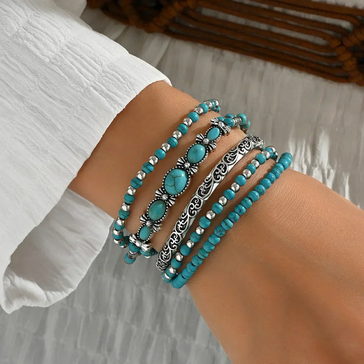 Conjunto de Pulseras Boho con Cuentas de Turquesa
