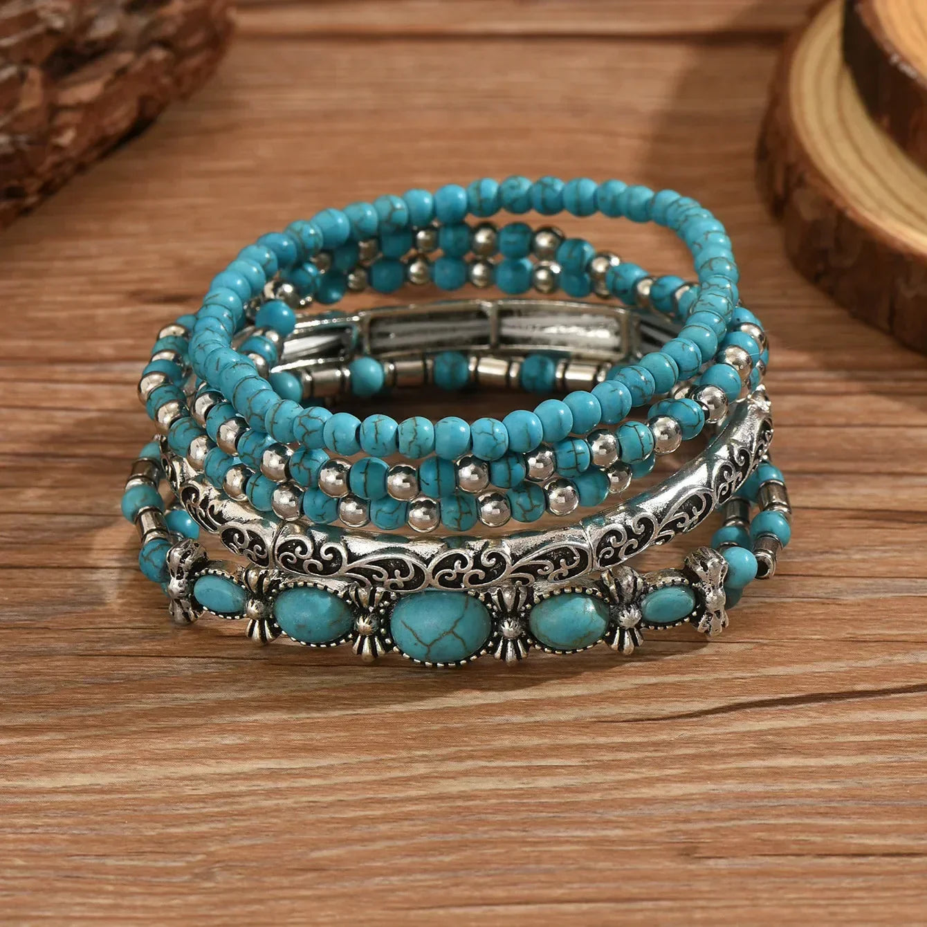 Conjunto de Pulseras Boho con Cuentas de Turquesa