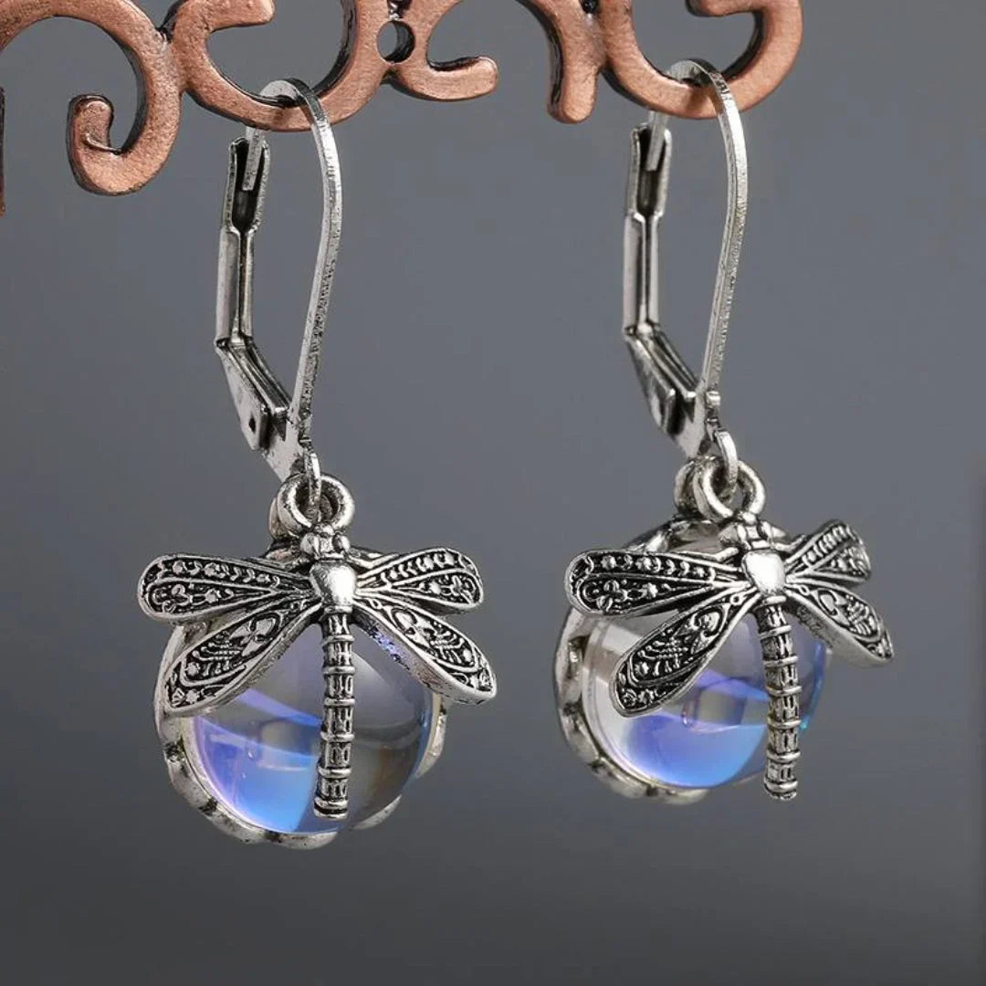 Pendientes de Esfera de Libélula de Plata Antigua