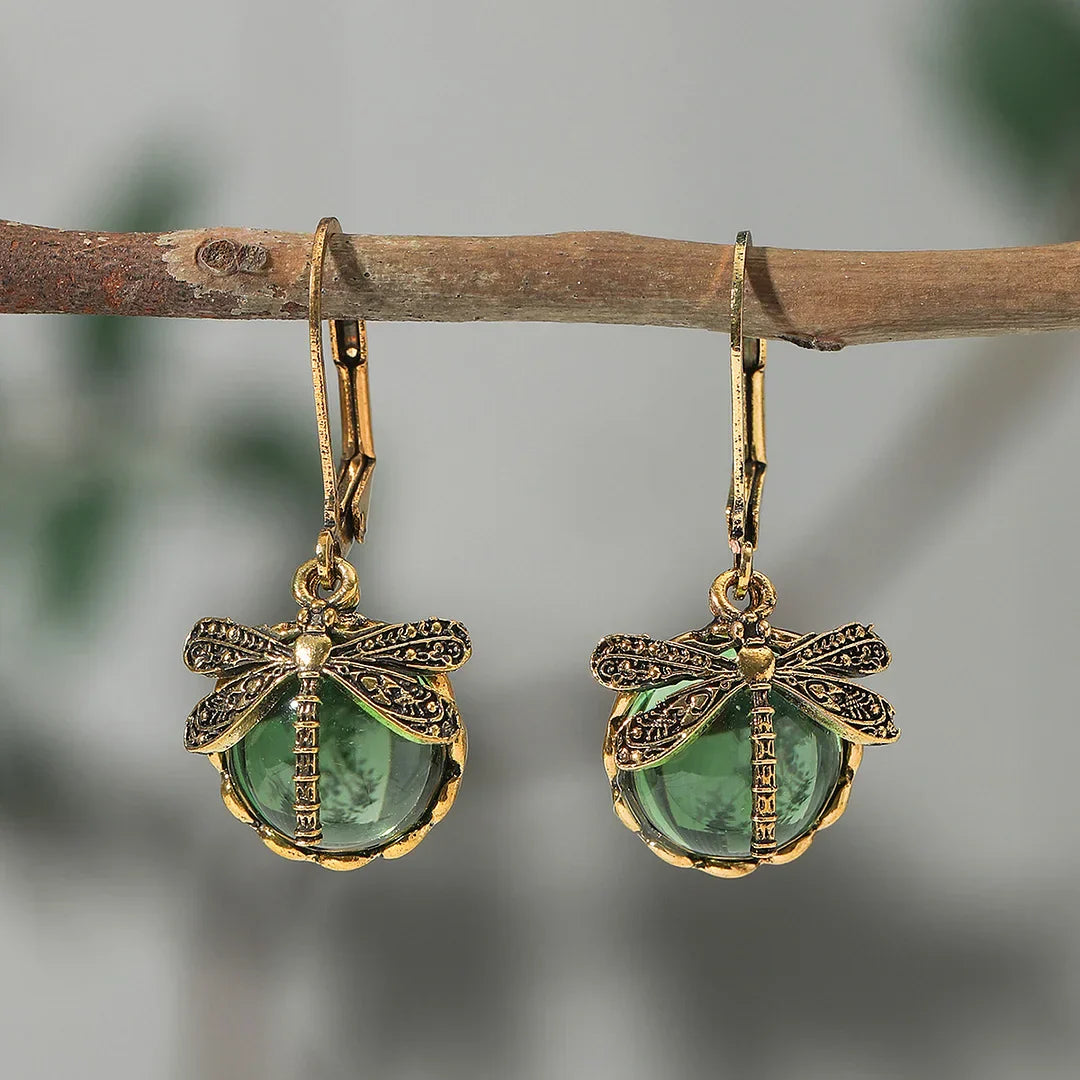 Pendientes de Esfera de Libélula de Plata Antigua