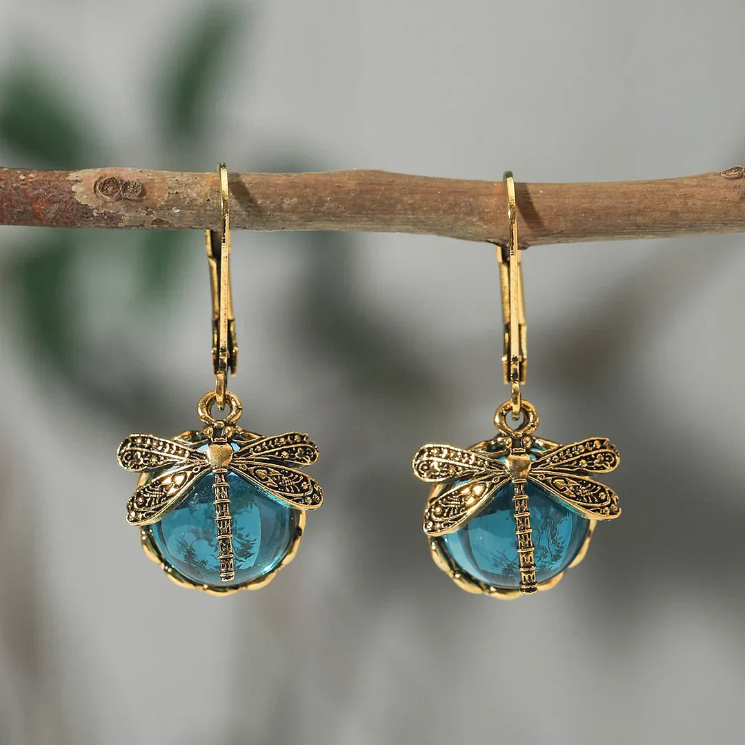 Pendientes de Esfera de Libélula de Plata Antigua