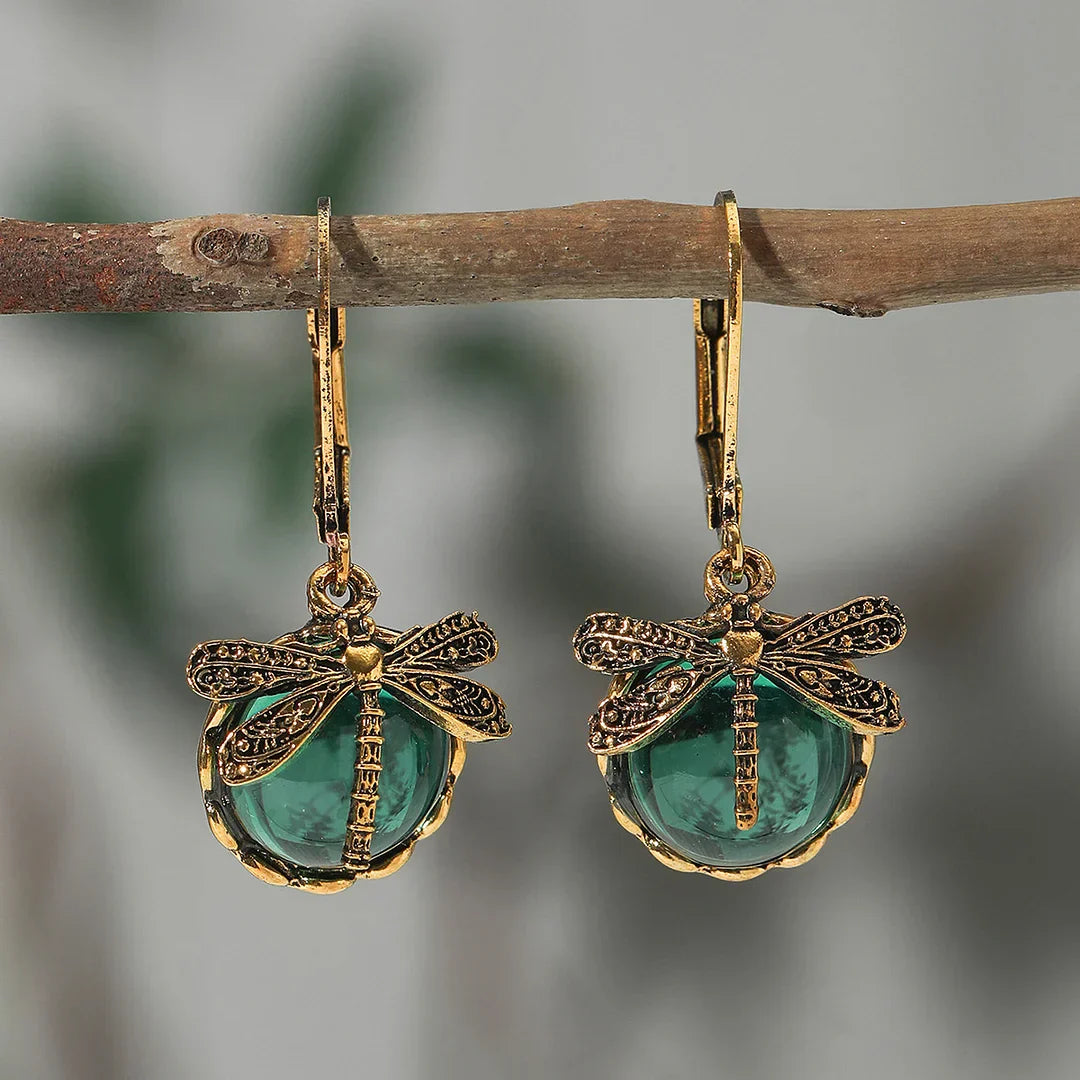 Pendientes de Esfera de Libélula de Plata Antigua