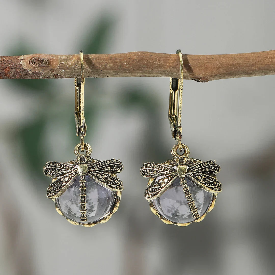 Pendientes de Esfera de Libélula de Plata Antigua