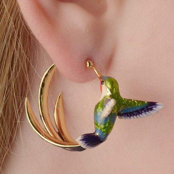 Pendientes de Aro Vintage con Colibrí en Esmalte