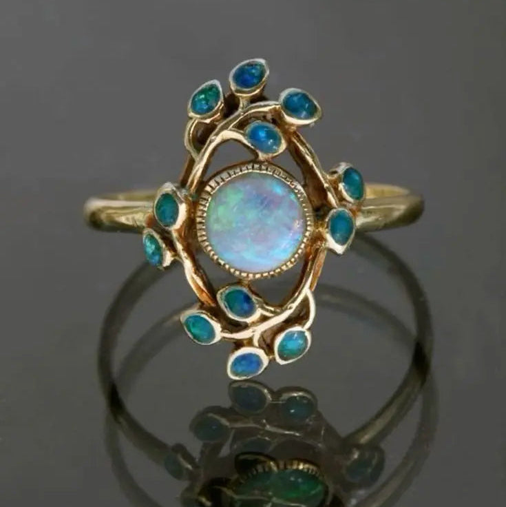 Anillo Vintage Azul con Cristales y Ópalo