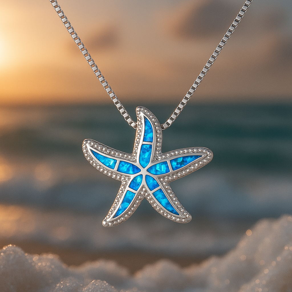 Collar de Plata con Estrella de Mar Azul Brillante y Ópalo