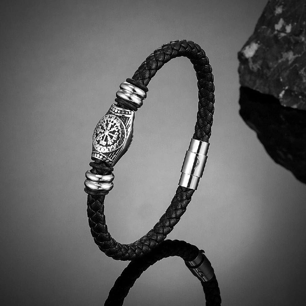 Pulsera de Cuero Trenzado con Brújula Vikinga Negra