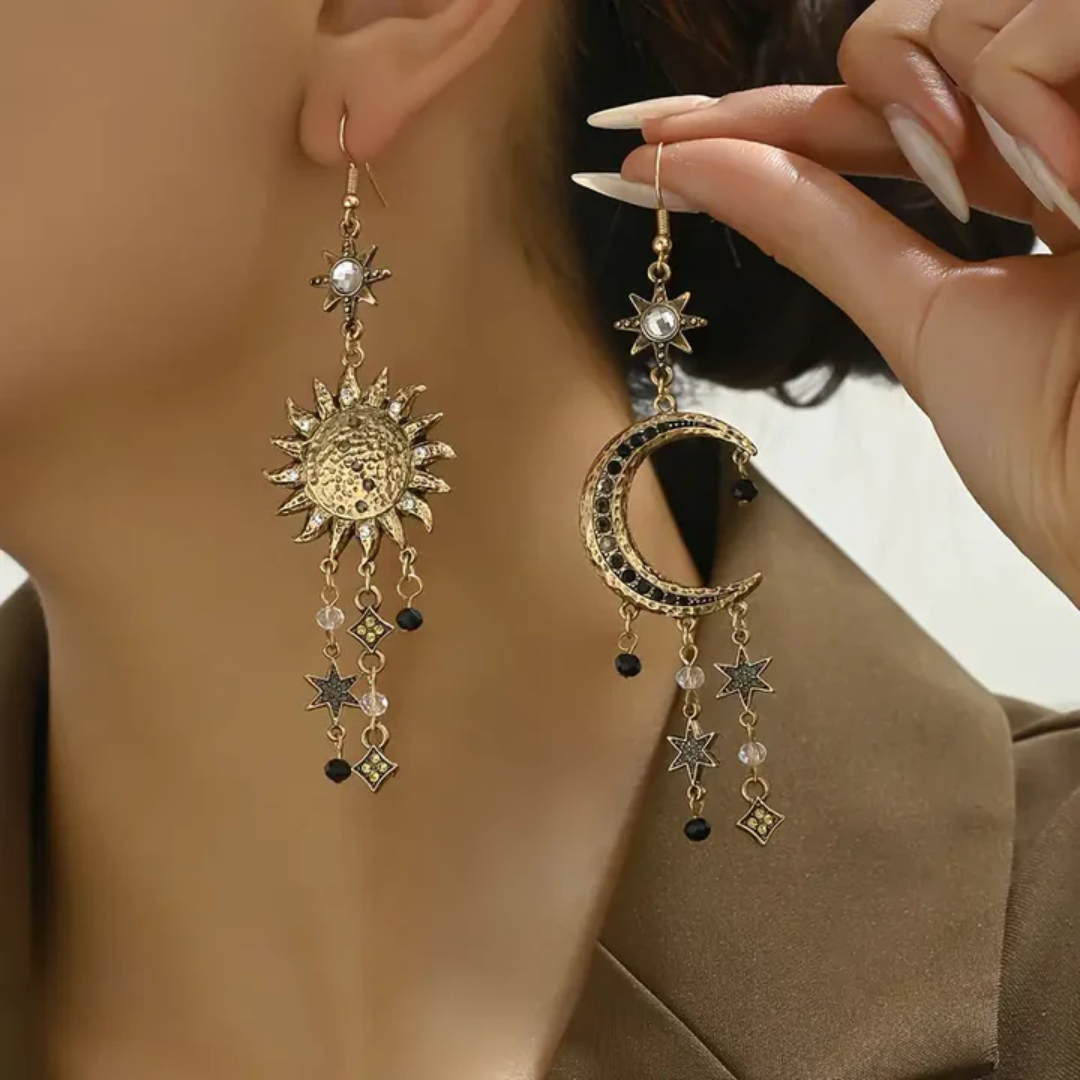 Pendientes Vintage con Colgantes de Sol y Luna